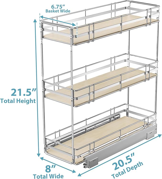 Pull Out Spice Rack Cabinet Organizer 8" W x 20쩍" D, 3 Tier Heavy Duty Slide Out Wood Shelf for Narrow Cabinet, Pull Out Storage for Kitchen