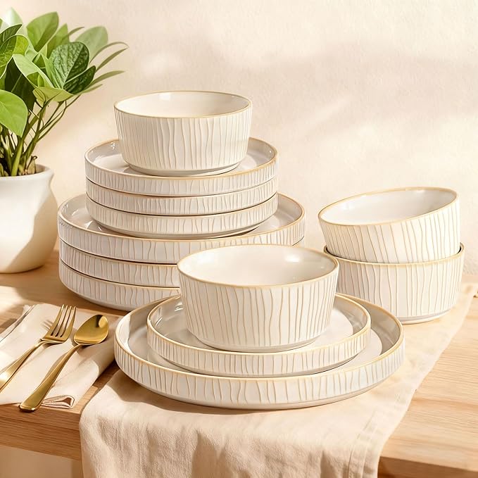 Ceramic Dinnerware Sets for 4, 12 Pcs Ribbed Reactive Glaze Plates and Bowls Sets, Chip Scratch Resistant, Microwave Dishwasher Safe Dish Set, Christmas Housewarming Gifts, Cappuccino White