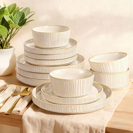 Ceramic Dinnerware Sets for 4, 12 Pcs Ribbed Reactive Glaze Plates and Bowls Sets, Chip Scratch Resistant, Microwave Dishwasher Safe Dish Set, Christmas Housewarming Gifts, Cappuccino White