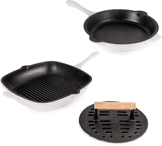 BergHOFF Neo 3Pc Enameled Cast Iron Cookware Set, Fry Pan 10 inches, Grill Pan 11 inches, Slotted Steak Press, Fast, Evenly Heat, Oven safe (White)