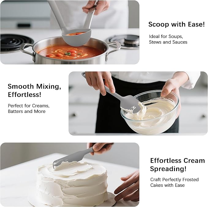 Coukre Silicone Kitchen Cooking Utensils Set with Holder ??Heat-Resistant, Food-Grade Kitchen Tools, Spatula, Spoon & Gadgets for Non-Stick Pans, Dishwasher Safe (14, PureGray)