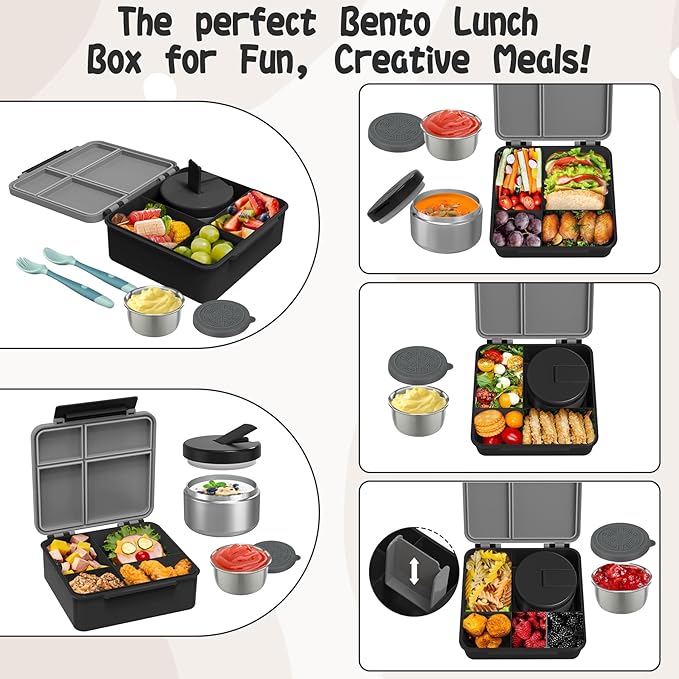 Aimsnk Kids Bento Lunch Box with 8oz Soup Thermo, Kids Leakproof Lunch Food Containers with 4 Compartment,Insulated Hot Food Jar with Lunch Bag for School, Travel (Black)