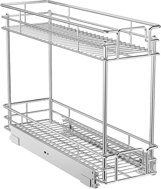 ROOMTEC Pull Out Spice Rack for Narrow Cabinet (5쩍" W X 21" D),2 Tier Slide Out Cabinet Organizer and Pull Out Shelves Under Cabinet Storage for Kitchen, Chrome