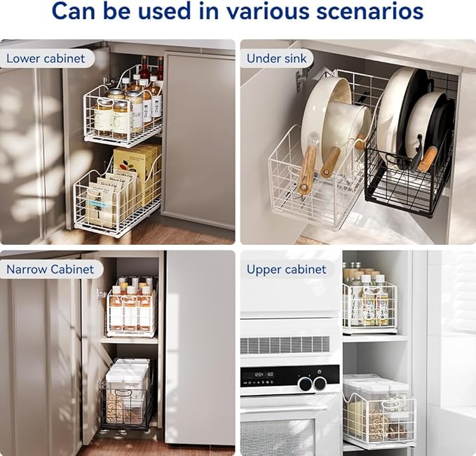 Pull out Narrow Cabinet Organizer,Carbon Steel Pull Out Drawer,Fixed Heavy Duty Kitchen Cabinet Slide Out Shelves for Storing and Organizing Bathrooms, Kitchens, Bedroom (White, Deep 16.7")