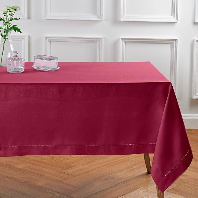 Solino Home Beet Linen Tablecloth 60 x 120 Inch - 100% Pure Linen Hemstitch Table Cloth for Rectangle Tables - Classic Hemstitch, Machine Washable Tablecloth for Valentines, Winter, Easter