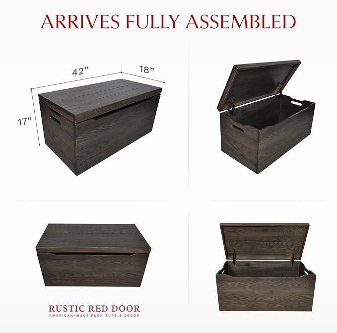 Hope Woodworking Amish Made Wooden Storage Chest Trunk Box with Lid and Handles for Bedroolanket, Clothes, Anti-Slam Hinges, Handmade, Rustic, Oak Wood, Antique Slate Stain, 42"