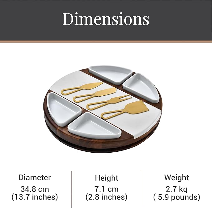 Shanik Acacia Wood Lazy Susan Cheese Board Set ??Rotating Charcuterie Platter with 4 Ceramic Bowls & Knives, Round Serving Tray for Weddings & Parties