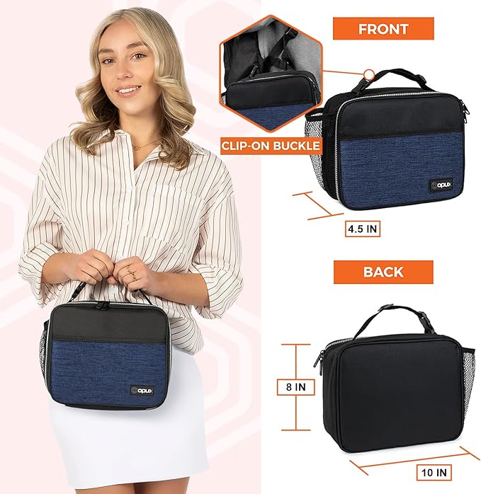 opux Insulated Lunch Bag Kids, Lunch Box for School Boy Girl, Leakproof Small Reusable Compact Soft Mini Cooler Bag, Toddler Small Lunch Boxes Kit Pail with Front Side Pockets (Navy)