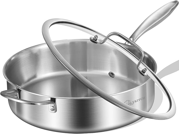 LOLYKITCH Whole Body Tri-Ply Stainless Steel 5.5 QT Saut챕 Pan with Lid,12 Inch Deep Frying Pan,Jumbo Cooker,Dishwasher and Oven Safe,Detachable Handle.