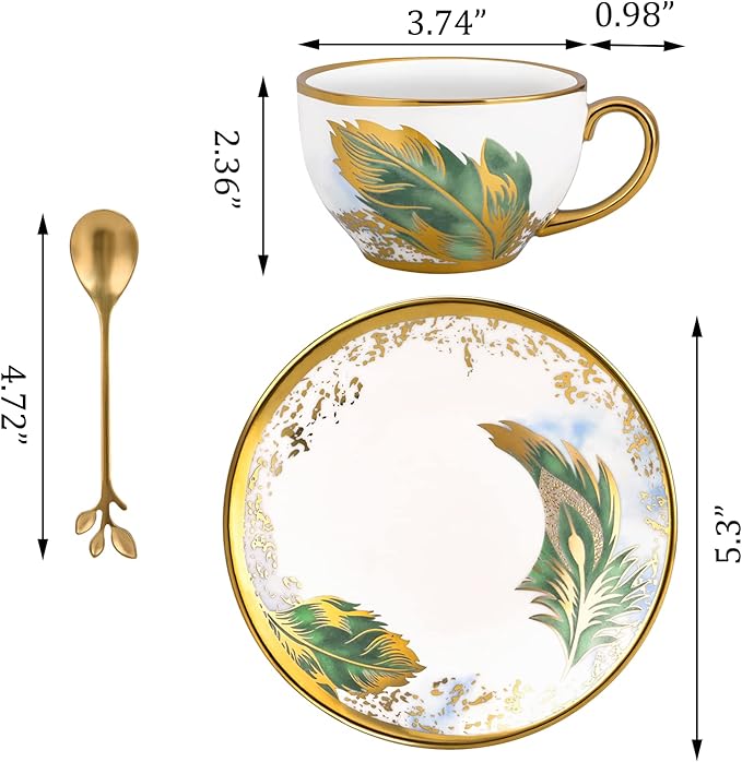 Golden Handle Ceramic Tea Cups, Vintage Feather Pattern Espresso Coffee Mug Set with Saucer & Spoon, 7.74 Oz, Style 1