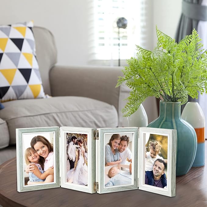 POILKMNI 4 Folding 4x6 Inch Hinged Picture Frame, High Definition Natural Wood Picture Frame, Rustic Desktop Acrylic Frame Family Photo Collage for Birthday Father's Day Christmas Gifts