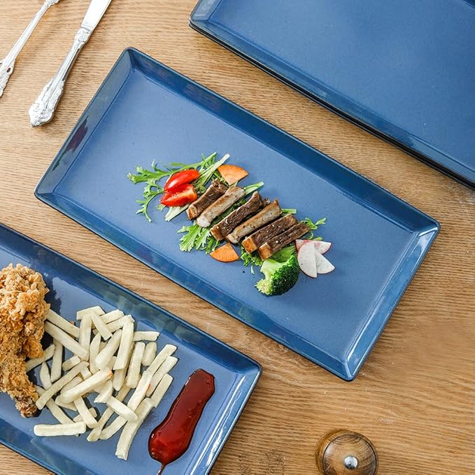 Ceramic Serving Tray, 14 Inches Large Platter, Rectangular, Porcelain Plates, Dishes for Dinner, Party, Sushi, Dessert, Food, Set of 4 (Stone Blue)
