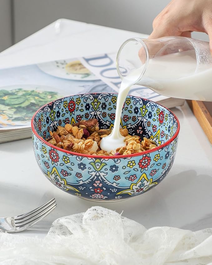 glowworm Cereal Bowls, 26 Oz Ceramic Soup Bowls Set of 4, Kitchen Bowls for Rice, Oatmeal, Fruit, Ice Cream, Dessert, Dishwasher & Microwave safe, Bohemian