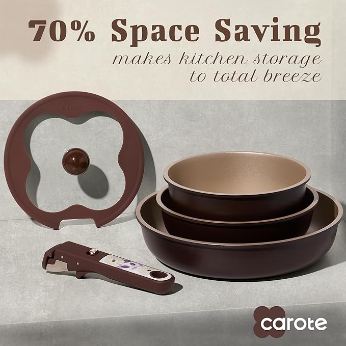 CAROTE 11pcs Ceramic Cookware Set, Pots and Pans Set Non stick, Induction Kitchen Cookware with Removable Handle, Dishwasher & Oven Safe, RV/Camping Cookware, PFAS Free, Brown