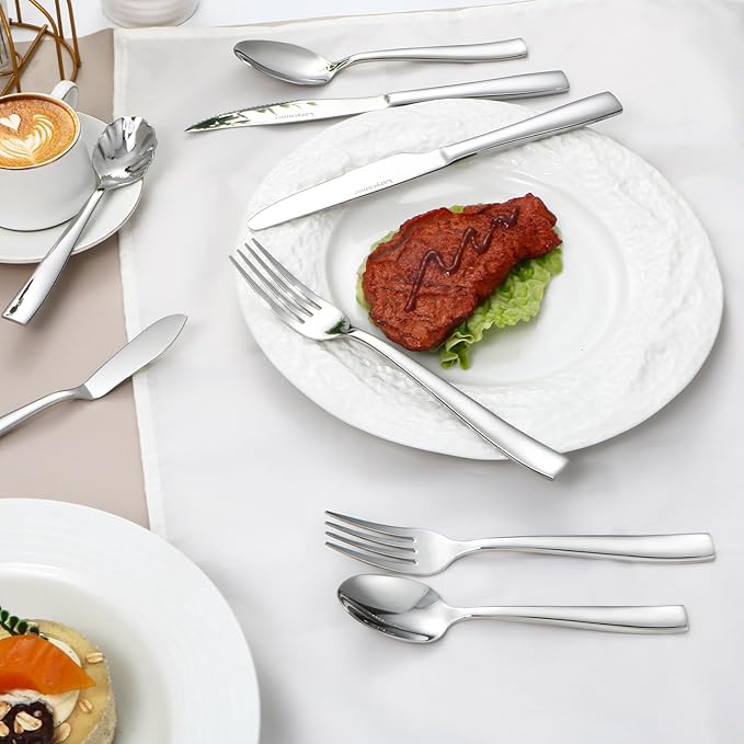 Lazycorner 53 Piece Silverware Set wiith Steak Knives and Serving Utensils 竊?8/10 Stainless Steel Flatware Set Mirror Polished Eating Utensils Sets Silverwear Cutlery Set, Dishwasher Safe