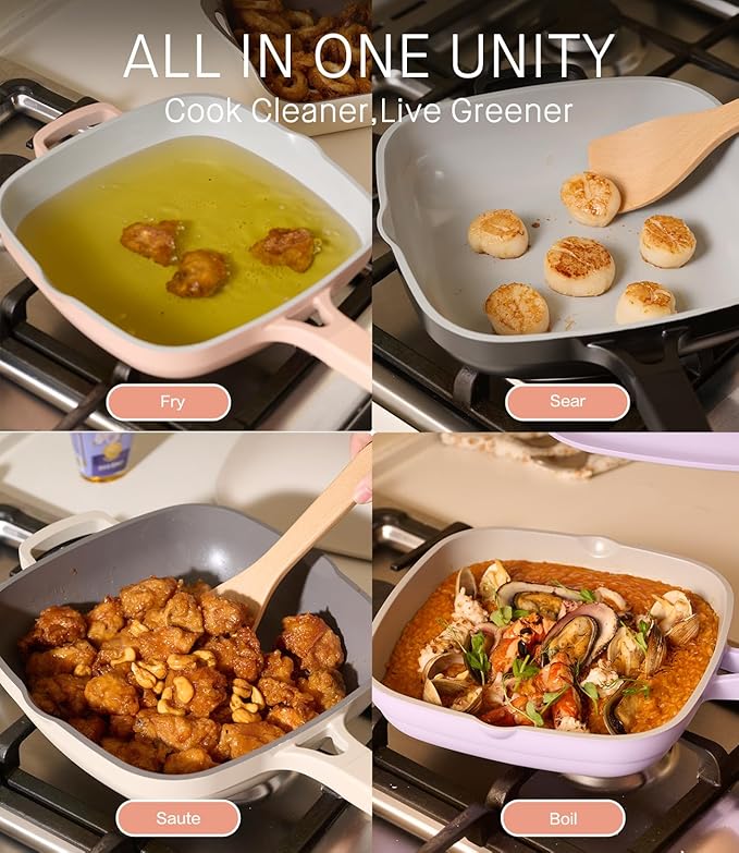 10.5 Inch(3.8QT) Ceramic Pan with Lid,Non Stick Frying Pans Cast Aluminum Deep Saut챕 Pans,Ti-Ceramic Non Toxic Pix Pan with Wooden Spatula and Scrubber-Midnight Hearth