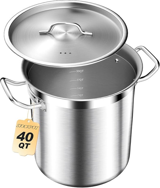 Large Stock Pot with Lid ??Professional Stainless Steel Stockpot 40 Quart ??Heavy Duty Cooking Pot for Catering, Soup, and Seafood Boil ??Compatible with Most Cooktops