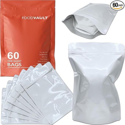 1 Quart Mylar Bags, 8 Mil per Side, Stand-Up Resealable Mylar Bags for Food Storage, Freeze Dryer [60-Pack | 7" x 10" x 4"]