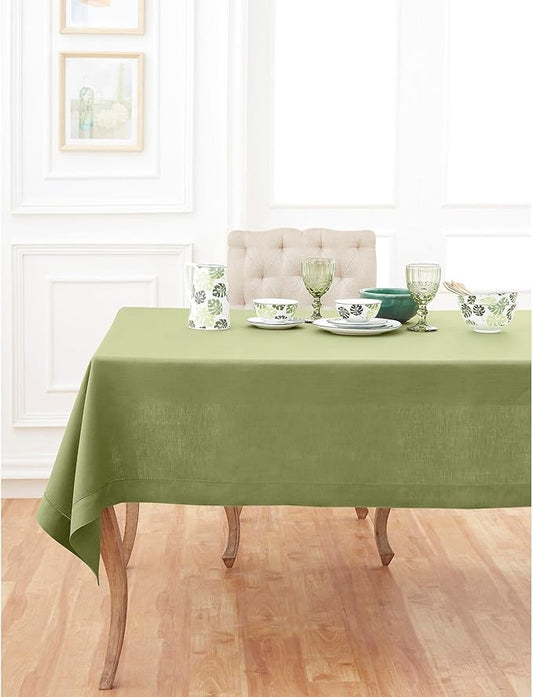 Solino Home Linen Tablecloth 60 x 132 Inch - Classic Hemstitch 100% Pure Linen Moss Green Table Cloth for Rectangle Tables - Machine Washable Tablecloth for Winter, Spring, Easter, St Patricks Day