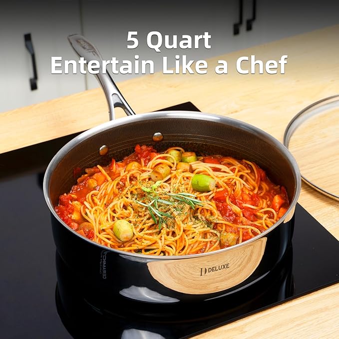 DELUXE Hybrid Ceramic Nonstick 5 Qt Deep Saut챕 Pan with Lid, Stainless Steel Skillet with Stay-Cool Handles, Dishwasher and Oven-Safe, PFOA Free Deep Frying Pan, Compatible with All Cooktops