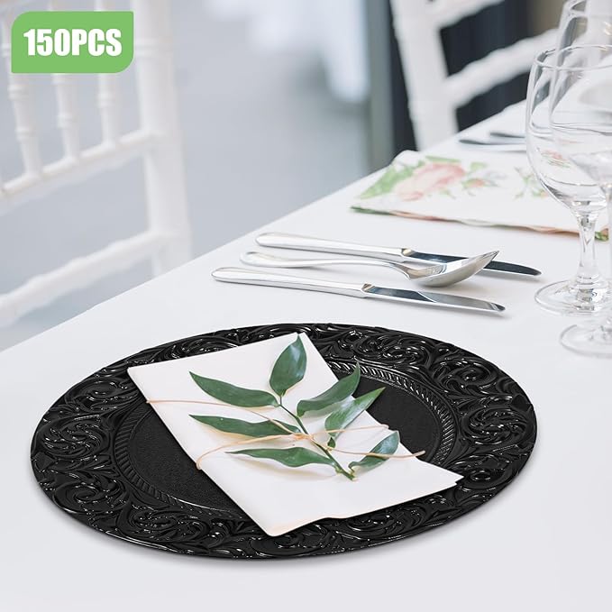 150pcs Black Charger Plates, 13" Round Reusable Decorative Flower Relief Carving Bulk Chargers for Dinner Plates, Wedding, Bridal Shower