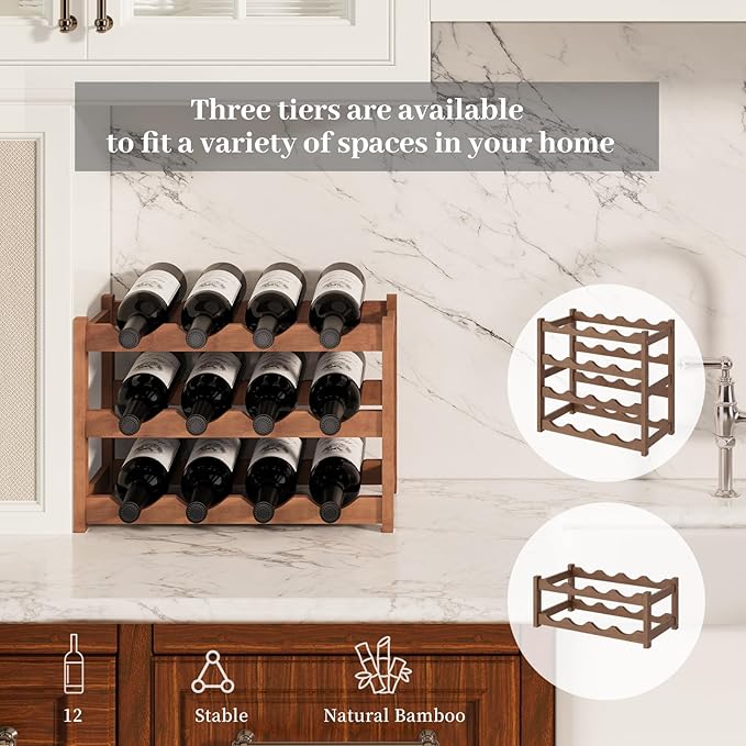 Wine Rack竊똁amboo Wine Storage Cabinet Shelf竊똂ountertop Wine Shelf- Freestanding Wine Holder for Kitchen & Pantry (Brown, 3-Tier)