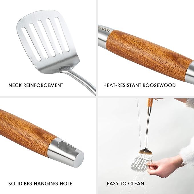 18/10 Stainless Steel Kitchen Utensils Set with Wood Handle - 15??Long Metal Cooking Tools - Serving Solid/Slotted Spoon, Tunner, Skimmer, Soup Ladle, Spaghetti Spoon, Large Spoons Set of 6