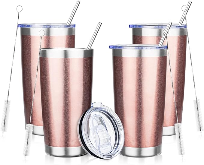 ATIKZHE 20oz Tumbler with Straw and Brush, Stainless Steel Vacuum Insulated tumbler, Double Wall Insulated Coffee Tumbler for Outdoor, Home, Travel,Office (Rose Gold,4pcs)