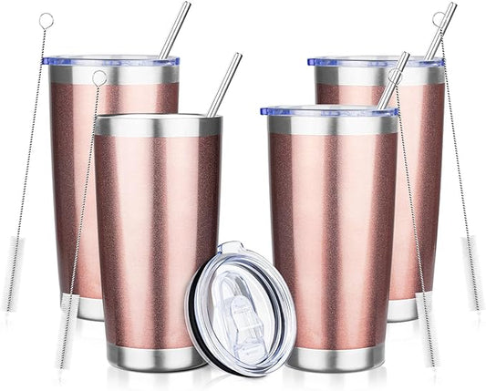 ATIKZHE 20oz Tumbler with Straw and Brush, Stainless Steel Vacuum Insulated tumbler, Double Wall Insulated Coffee Tumbler for Outdoor, Home, Travel,Office (Rose Gold,4pcs)