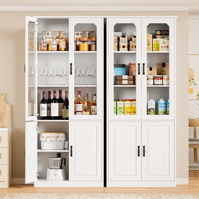 White Kitchen Pantry Cabinet, 78.7" Tall China Cabinet with Glass Doors and Adjustable Shelves, Wooden Display Cabinet for Dining, Living Room, White (Large, 31.5" W)
