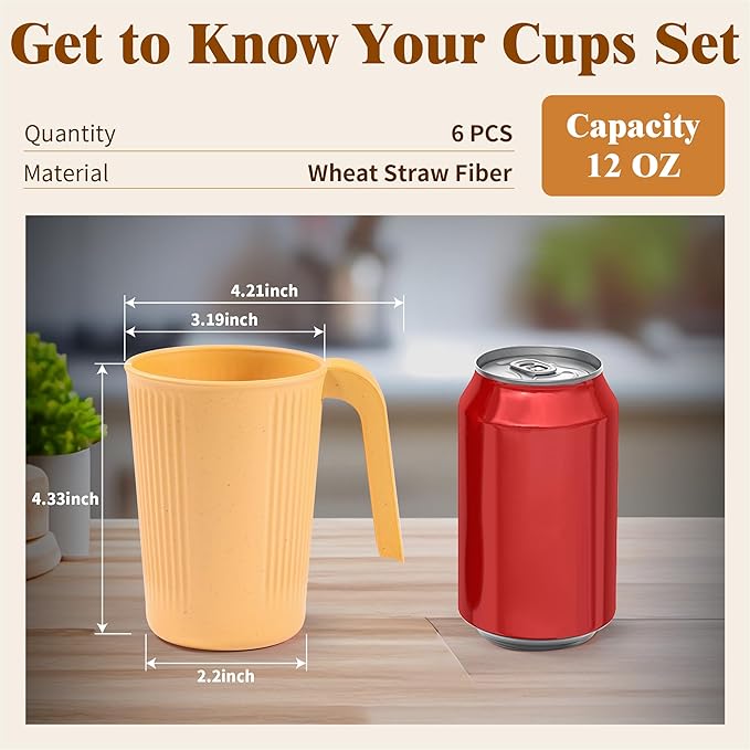 Wheat Straw Coffee Mugs 6-Pack??Unbreakable & Lightweight Cups, 12oz Stackable Cups with 6 Detachable Straws & 2 Cleaning Brushes (Colorful, 12, Fluid Ounces)