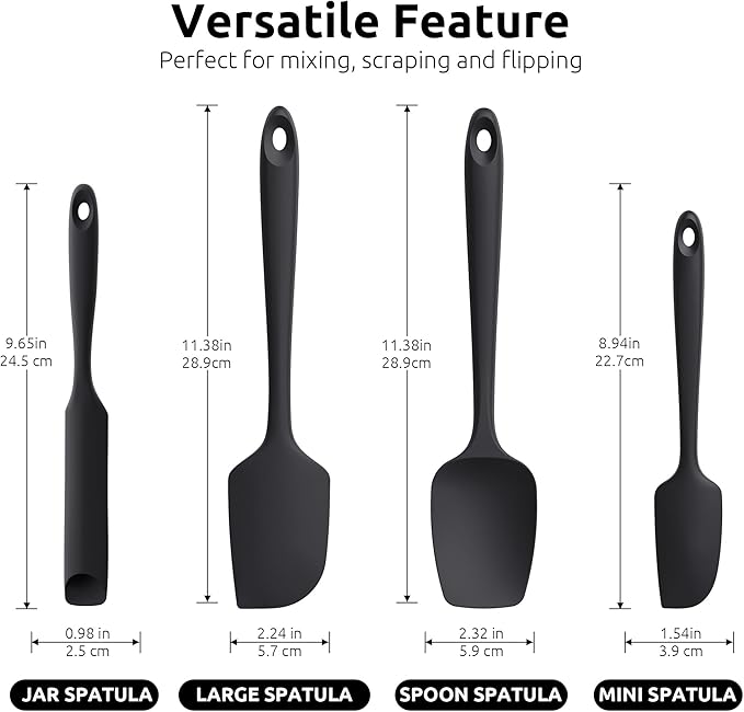 U-Taste 600쨘F Heat Resistant Silicone Spatulas: Flexible Food-Grade Silicon Baking Scraper, Kitchen Cooking Mixing Utensils with Upgraded Sturdy Handle Tip for Nonstick Cookware (4-Pc., Black)