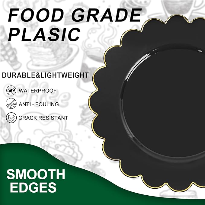 SUT 72 PCS Black Plates,Black Plastic Plates with Gold Rim, plastic Plate for Party, 7.5 inch Dessert plate, Disposable plate for Party