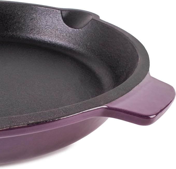 Berghoff Neo 3Pc Enameled Cast Iron Cookware Set, Fry Pan 10 inches, Grill Pan 11 inches, Slotted Steak Press, Fast, Evenly Heat, Oven safe (Purple)