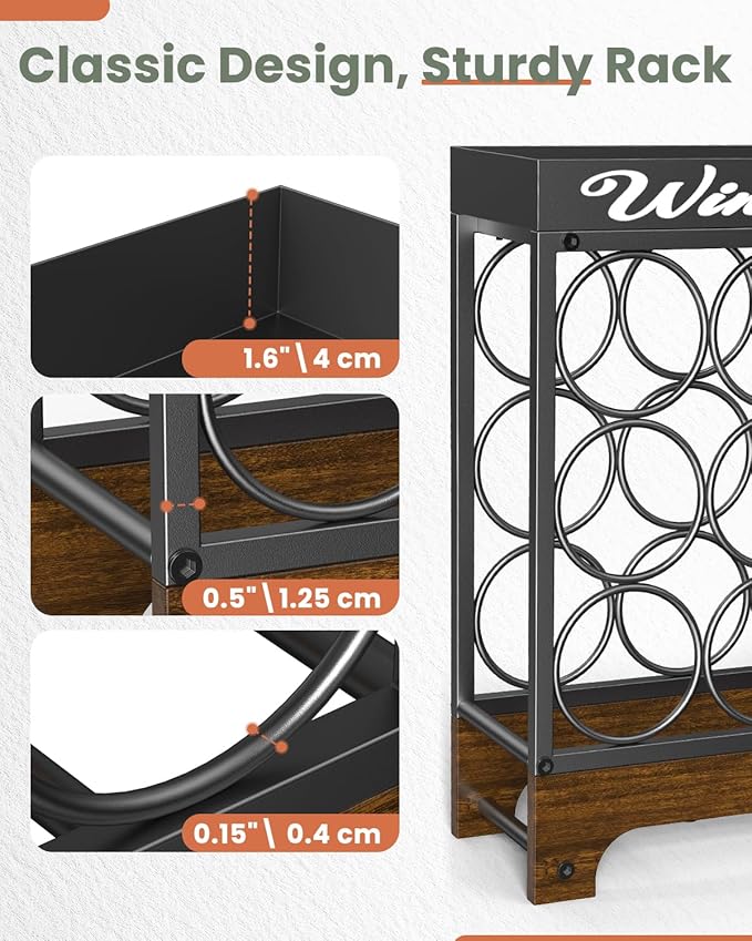 Countertop Wine Rack - 9 Bottle Freestanding with Top Tray, Modern Black Metal &Wood, 3 Tier Tabletop Wine Holder Stand for Home Kitchen Bar, Cabinet, Pantry, Wine Bottle Storage