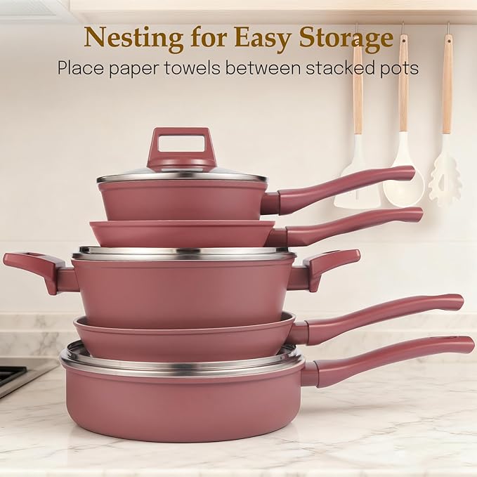 Pots and Pans Set Non Stick, 11 Pcs Kitchen Induction Cookware Set, Non Toxic Granite Nonstick Cooking Set with Frying Pan Set, Saucepans, Utensils, Reddish Brown