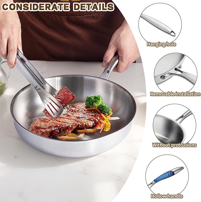 GOLDEN KEY 12 Inch Tri-Ply Stainless Steel Frying Pan, Stainless Steel Pans with Lid,Stainless Steel Skillet Induction All Cooktops, PFOA/PTFE Free Skillet,Health&Safety,Heavy Duty&Fast & Even Heat
