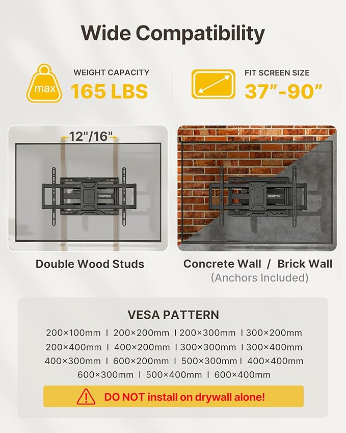 monTEK Heavy Duty TV Wall Mount for 37-90 inch TV up to 165lbs, 4X Load Tested, Full Motion with Dual Articulating Arms, Tool-Free Tilt, Swivel & Extend, VESA 200x100 to 600x400, Fits 12??16" Studs