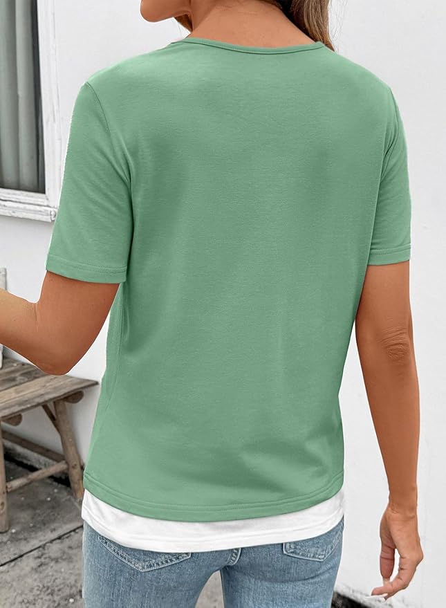 SHEWIN Womens Tops Casual Crewneck Color Block Short Sleeve Mock Double Layer T-Shirt Summer Outfits for Women 2026