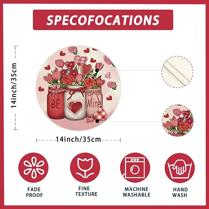 XCHI Roses Flowers Love Hearts Vase Valentine?셲 Day Round Placemats Set of 4 Table Mats for Party Home Kitchen Dining Table Decorations 14x14 Inch