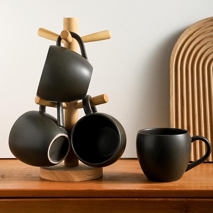 Coffee Mugs Set of 4, Stoneware 16 Oz Coffee Mugs for Cappuccino Latte Cocoa and Tea, Ceramic Coffee Cups with Handle,Black Mugs for Housewarming Gifts, Microwave and Dishwasher Safe