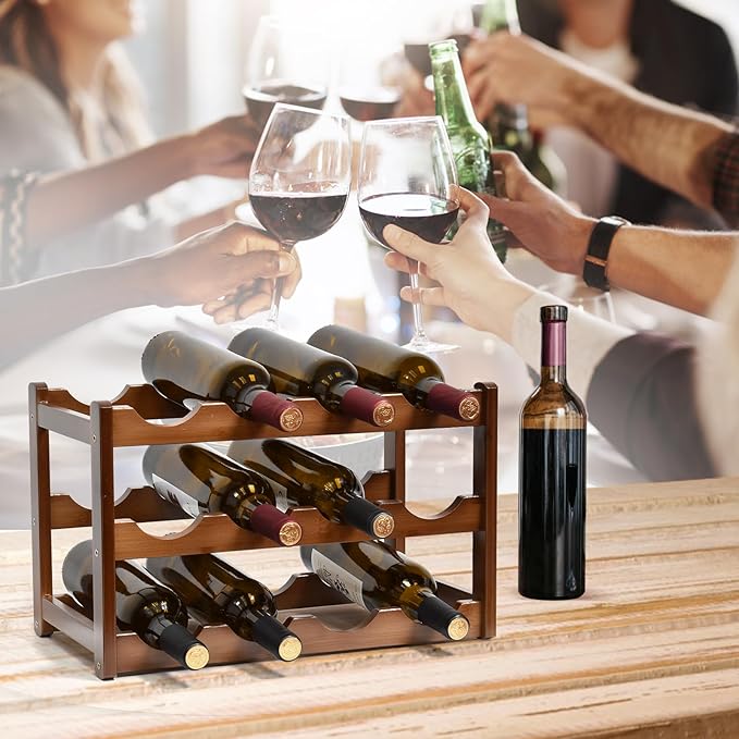 Wine Rack, 12 Bottles 3-Tier Free Standing Wine Racks, Wine Rack Countertop Holder Storage Shelf for Kitchen Cabinet Dining Room Bar (Brown)