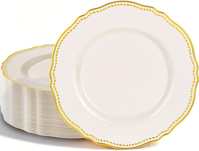 Hioasis 60PCS Ivory Plastic Plates - Ivory and Gold Disposable Dinnerware with Gold Rim, Heavy-duty, 10 inch, Dinner Plates for Party & New Year