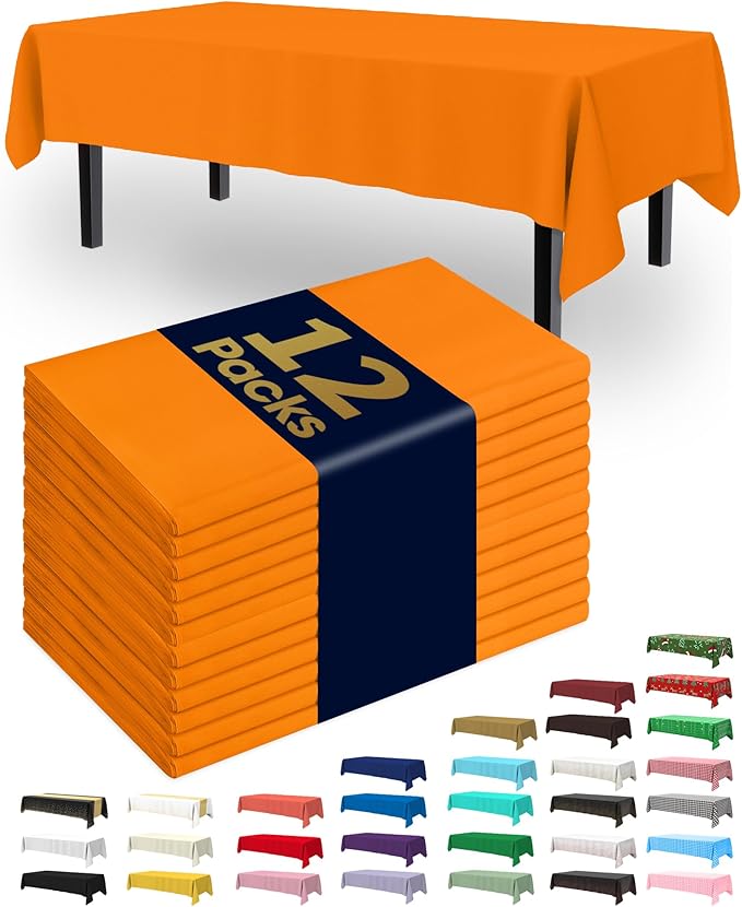 Pureegg Plastic Table Cloth Disposable 12 Pack, 54 x 108 Inch Table Cloths, Halloween Party, Thanksgiving Decorations, Harvest, Fall Tablecloths, Rectangle Tables, Leakproof & Sturdy, Orange