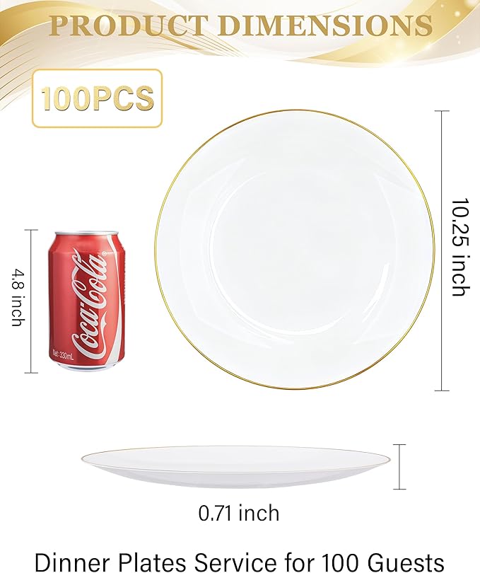 Nervure 100 Pieces Gold Plastic Plates - 10.25 inch Gold Dinner Plates - Heavyweight White and Gold Disposable Plates Ideal for Wedding & Party & Thanksgiving