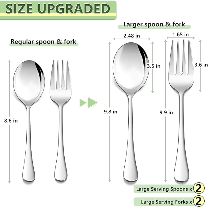 E-far Large Serving Utensils Set of 4, 9.8 Inch Stainless Steel Serving Spoons & Serving Forks, Big Hostess Set for Buffet Party Catering Wedding Kitchen Restaurant, Dishwasher Safe