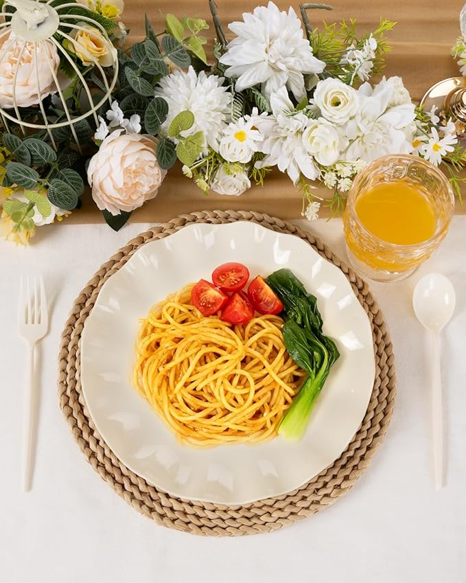 LIYH 20 Pcs 10 Inch Beige Plastic Plates Reusable - Unbreakable Plastic Scalloped Wavy Dinner Plates for Baby Shower Camping Party Outdoor Picnics Dishwasher Safe BPA Free