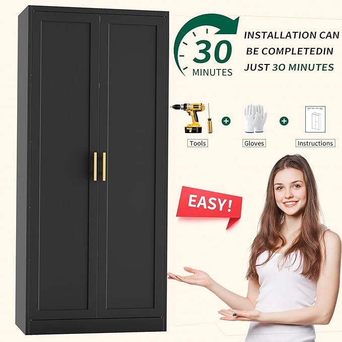 CJF 71" H Metal Kitchen Pantry Storage Cabinet, Freestanding Cupboard with 2 Doors and 4 Adjustable Shelves, Standing Storage for Kitchen, Bathroom, Garage, Dinning Room or Utility Room（Black）