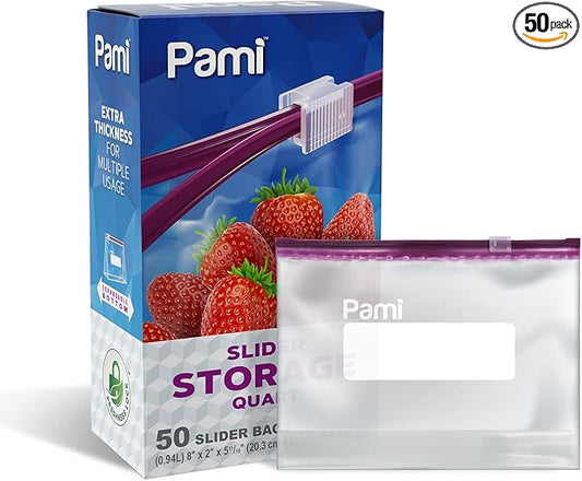 PAMI Thick Leakproof Reusable Slider Zipper Food Storage Bags for Pantry and Freezer with Expandable Base and Write-On Label (Quart 50 Clear)