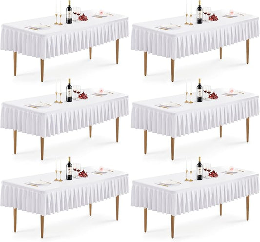 Wish Care 6 Pack White Spandex Tablecloths for 6 Foot Rectangle Tables, Wrinkle Free Fitted Table Cover Rectangular Stretch Table Clothes Ruffles Pleated Desk Skirt for Wedding Birthday Banquet Party
